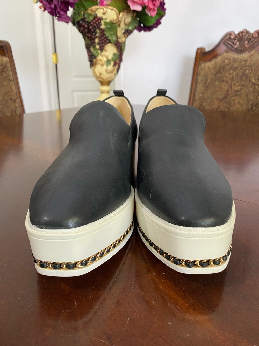 Black Slip-On Platform Sneakers with Chain Trim
